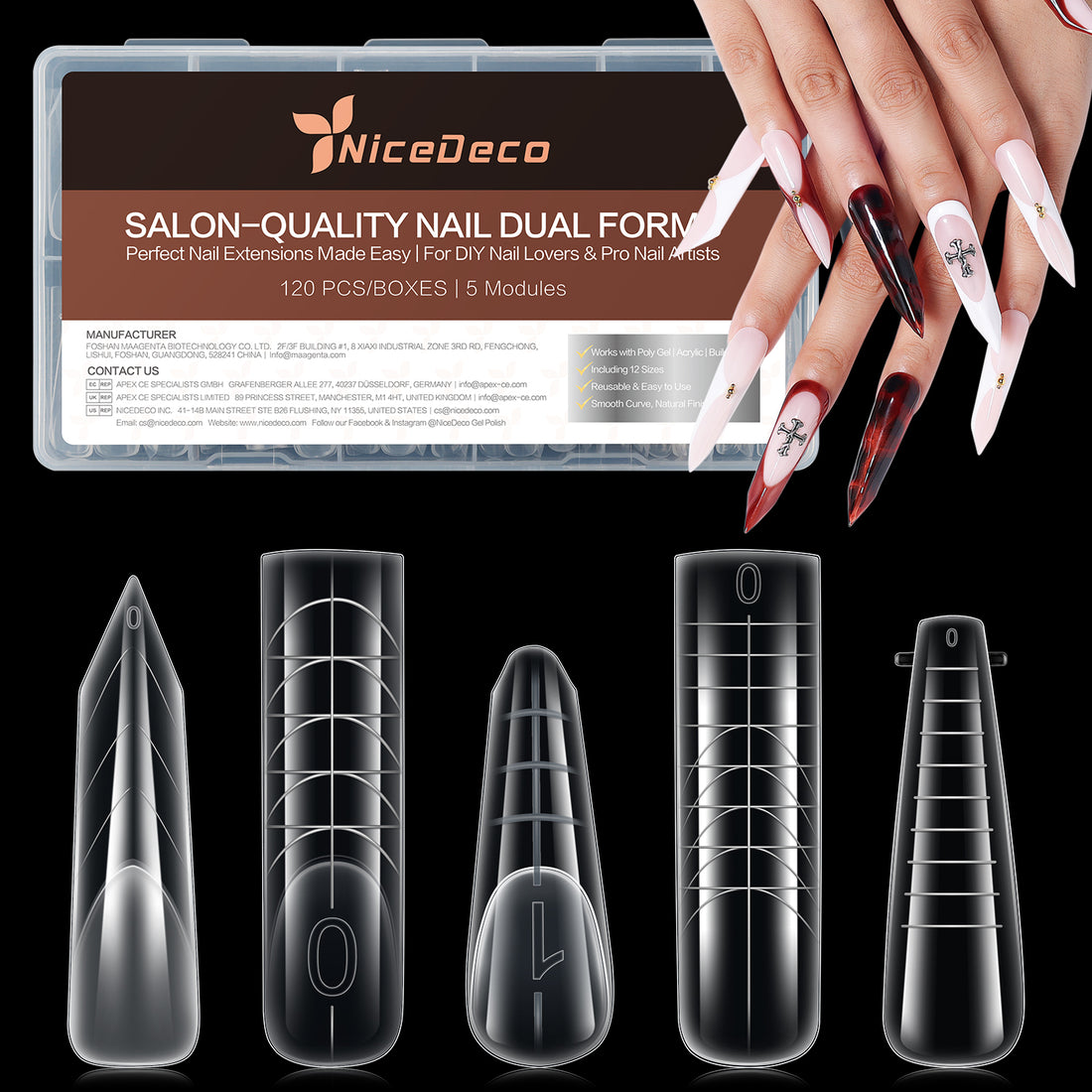 Nicedeco Poly Extension Gel Dual Nail Forms, 120pcs Nail Molds for Builder Extension, 5 Style 12 Size Dual Forms for Gel Nail Tips Nail Art Design Salon DIY Kit 3