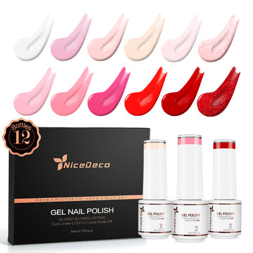 Nicedeco Gel Nail Polish Nail 12 Colors, Hema Free, Cruelty Free, Vegan, Nude Pink Red White U V Gel Manicure Kit 9