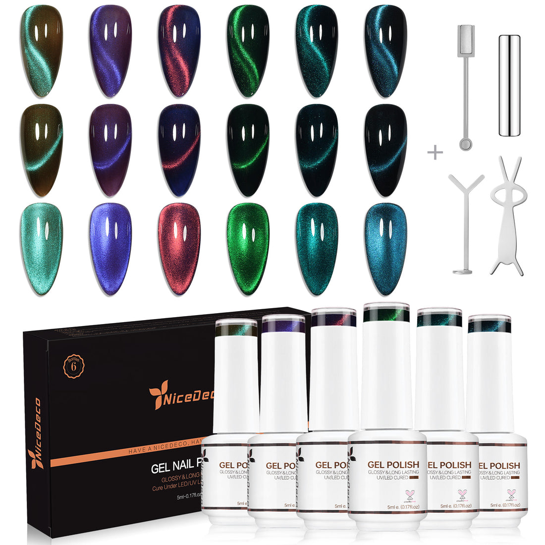 Nicedeco 6 Colors Magnetic Cat Eye Gel Nail Polish Set with Magnet – HEMA Free, Cruelty Free & Vegan, High Gloss Long-Lasting Soak-Off Nail Art Manicure Kit for LED/UV Lamp (5ml Each)