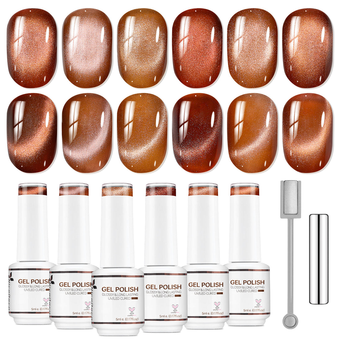 Nicedeco Fine Magnetic Cat Eye Gel Nail Polish Set, 6 Colors 5ML Holographic UV LED Glitter Red Brown Soak off Nail Polish with Magnet Nail Art DIY Salon For Women Kit 6-68