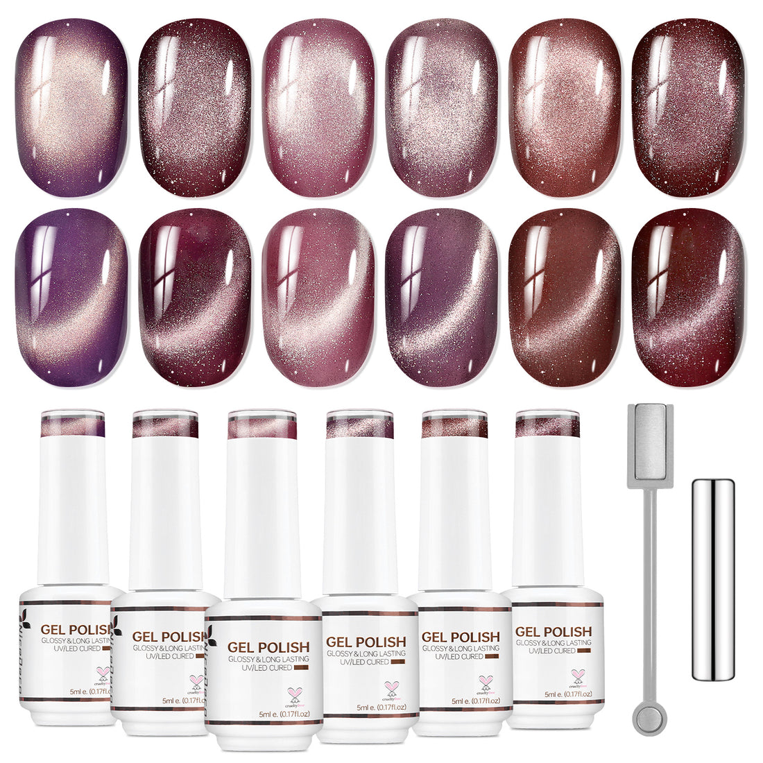Nicedeco Fine Magnetic Cat Eye Gel Nail Polish Set, 6 Colors 5ML Holographic UV LED Glitter Purple Soak off Nail Polish with Magnet Nail Art DIY Salon For Women Kit 6-69