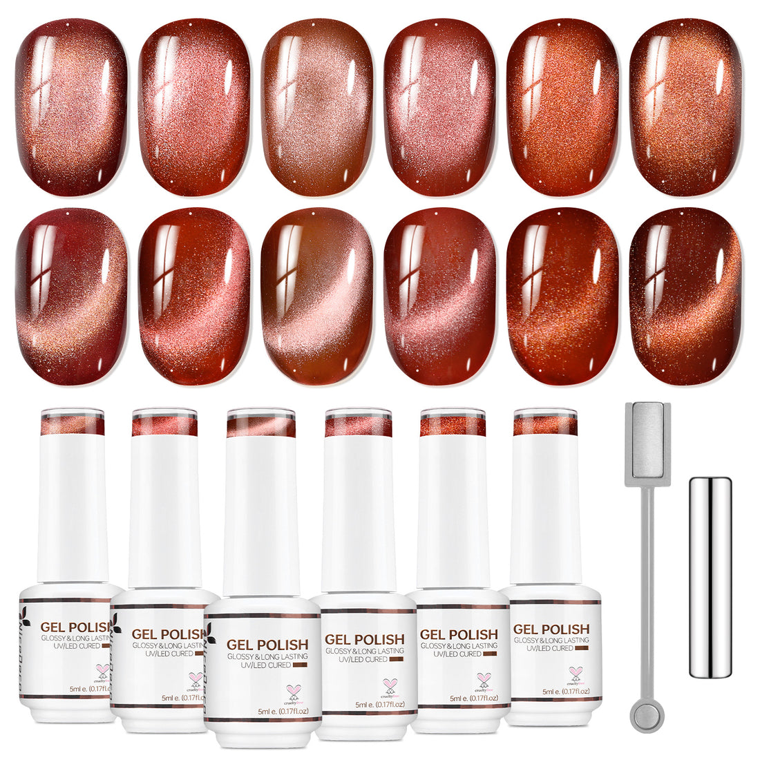 Nicedeco Fine Magnetic Cat Eye Gel Nail Polish Set, 6 Colors 5ML Holographic UV LED Glitter Red Brown Magenta Soak off Nail Polish with Magnet Nail Art DIY Salon For Women Kit 6-70
