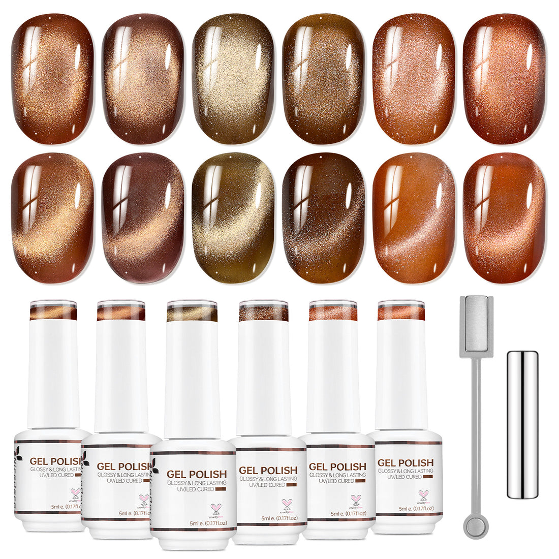 Nicedeco Fine Magnetic Cat Eye Gel Nail Polish Set, 6 Colors 5ML Holographic UV LED Glitter Taupe Brown Soak off Nail Polish with Magnet Nail Art DIY Salon For Women Kit 6-71