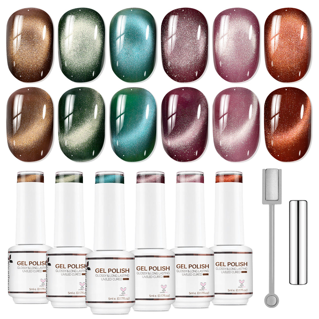Nicedeco Fine Magnetic Cat Eye Gel Nail Polish Set, 6 Colors 5ML Holographic UV LED Glitter Blue Purple Red Taupe Soak off Nail Polish with Magnet Nail Art DIY Salon For Women Kit 6-72