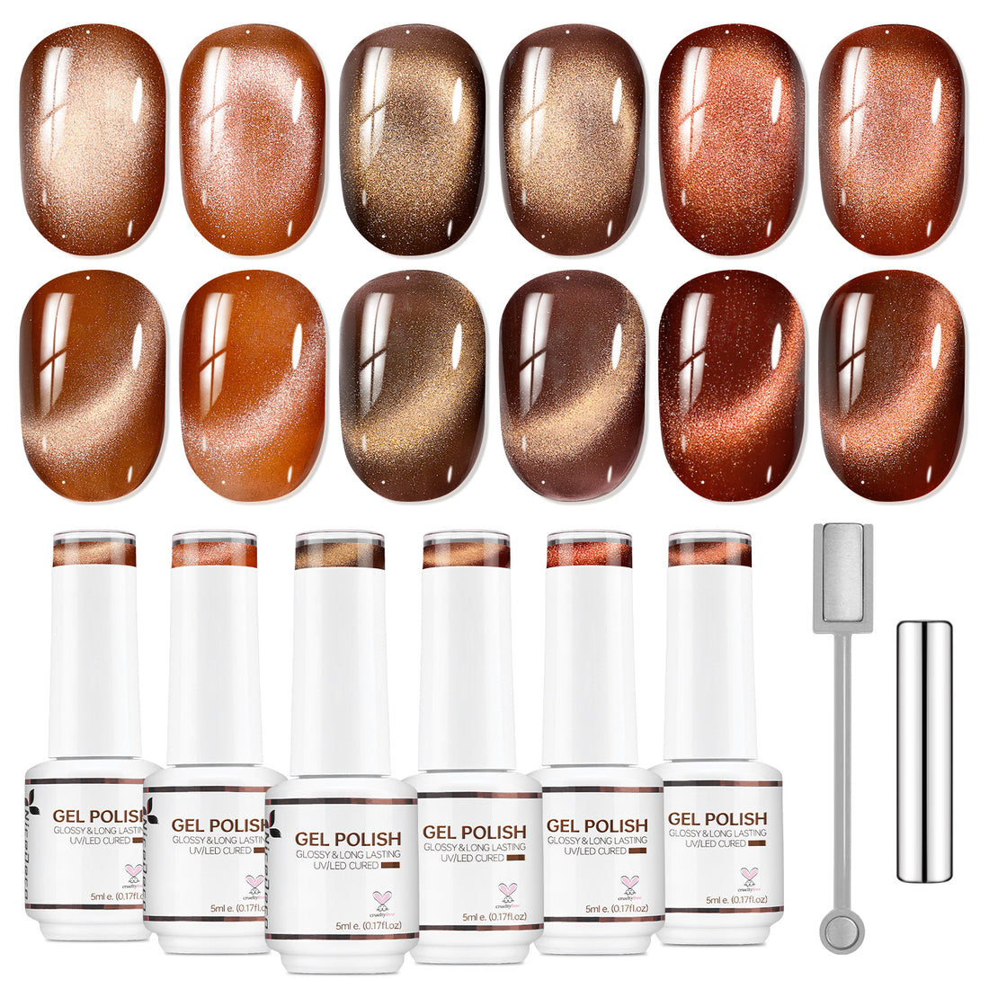 Nicedeco Fine Magnetic Cat Eye Gel Nail Polish Set, 6 Colors 5ML Holographic UV LED Glitter Red Brown Taupe Soak off Nail Polish with Magnet Nail Art DIY Salon For Women Kit 6-73