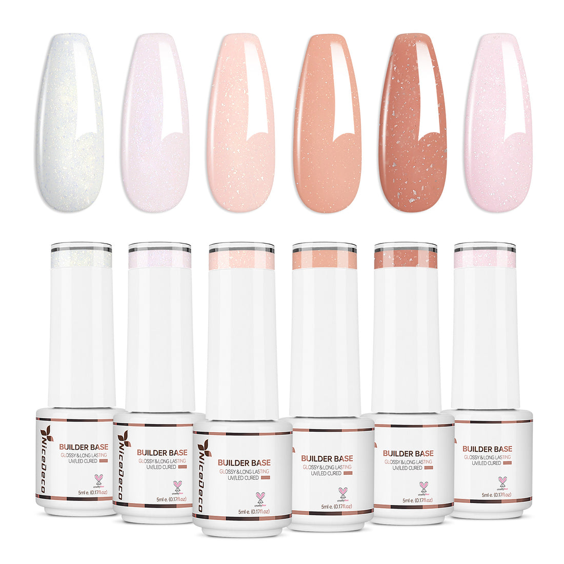 Nicedeco 8 in 1 Glitter Builder Base Strengthening Gel Set 6x5ml Nude Pink684