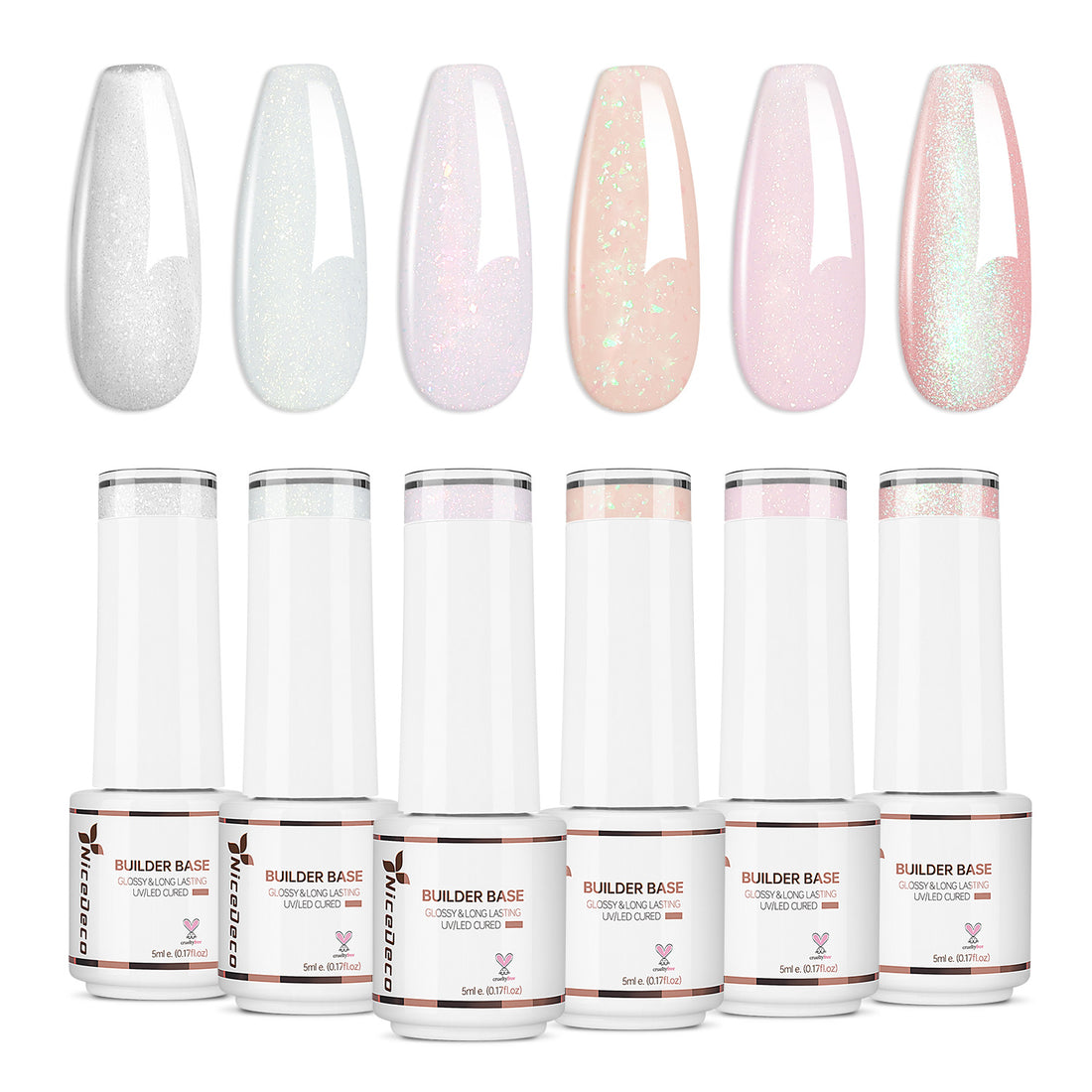 Nicedeco 8 in 1 Glitter Builder Base Strengthening Gel Set 6x5ml Nude Pink685