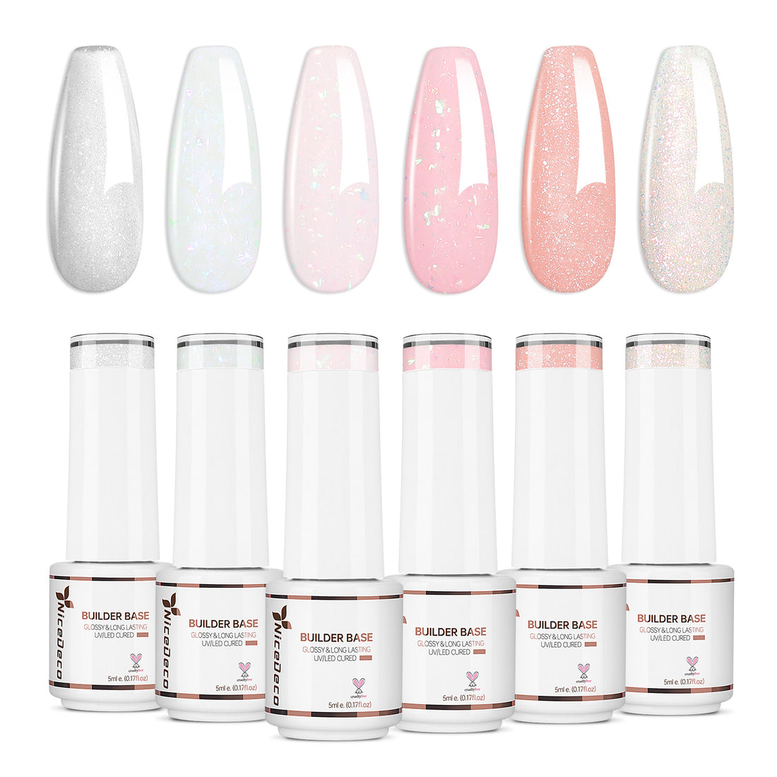 Nicedeco 8 in 1 Glitter Builder Base Strengthening Gel Set 6x5ml Nude Pink686