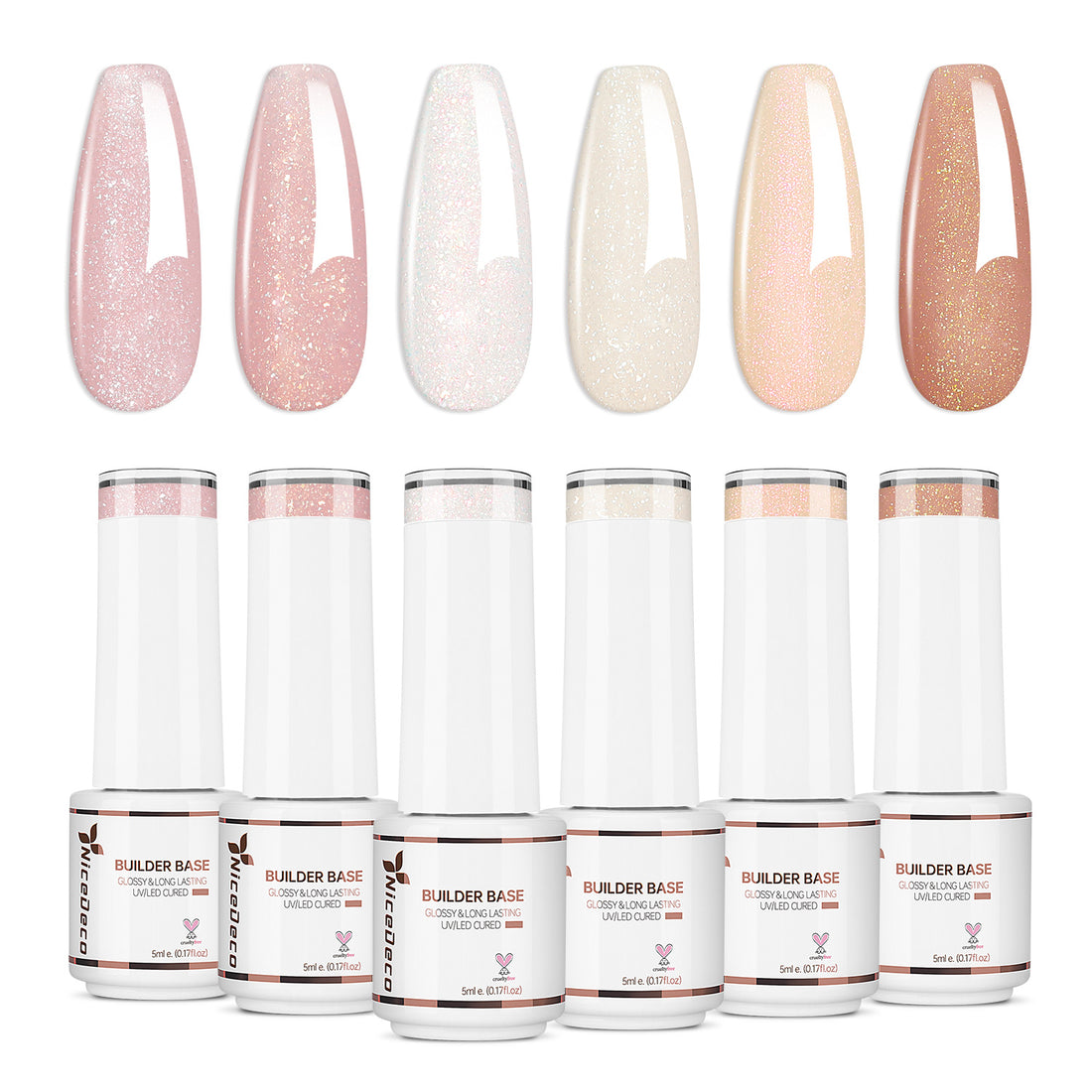 Nicedeco 8 in 1 Glitter Builder Base Strengthening Gel Set 6x5ml Nude Pink687