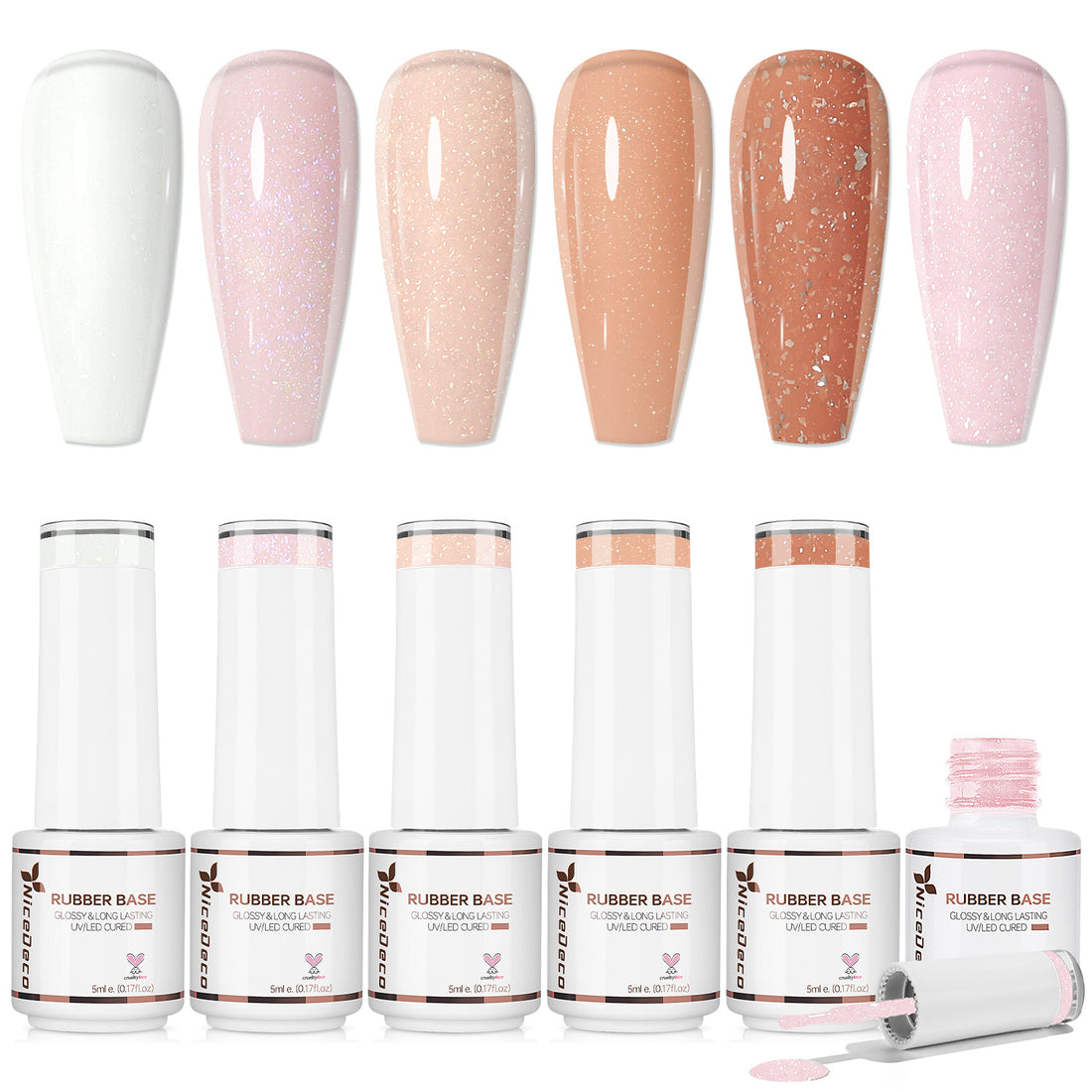 Nicedeco 6x5ml Hema-Free Glitter Rubber Base Gel Set, Nude Sheer White Pink688