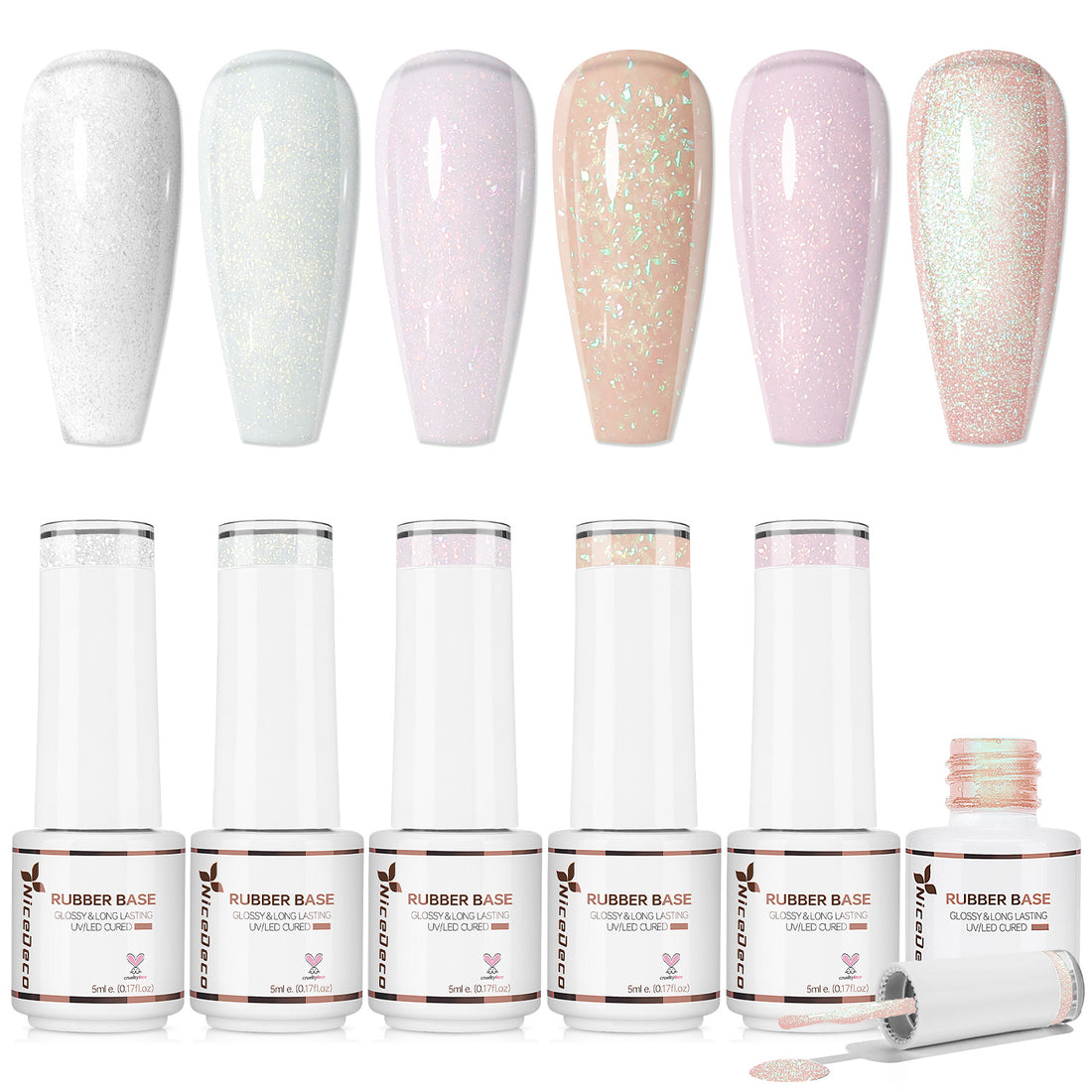 Nicedeco 6x5ml Hema-Free Glitter Rubber Base Gel Set, Nude Sheer White Pink689
