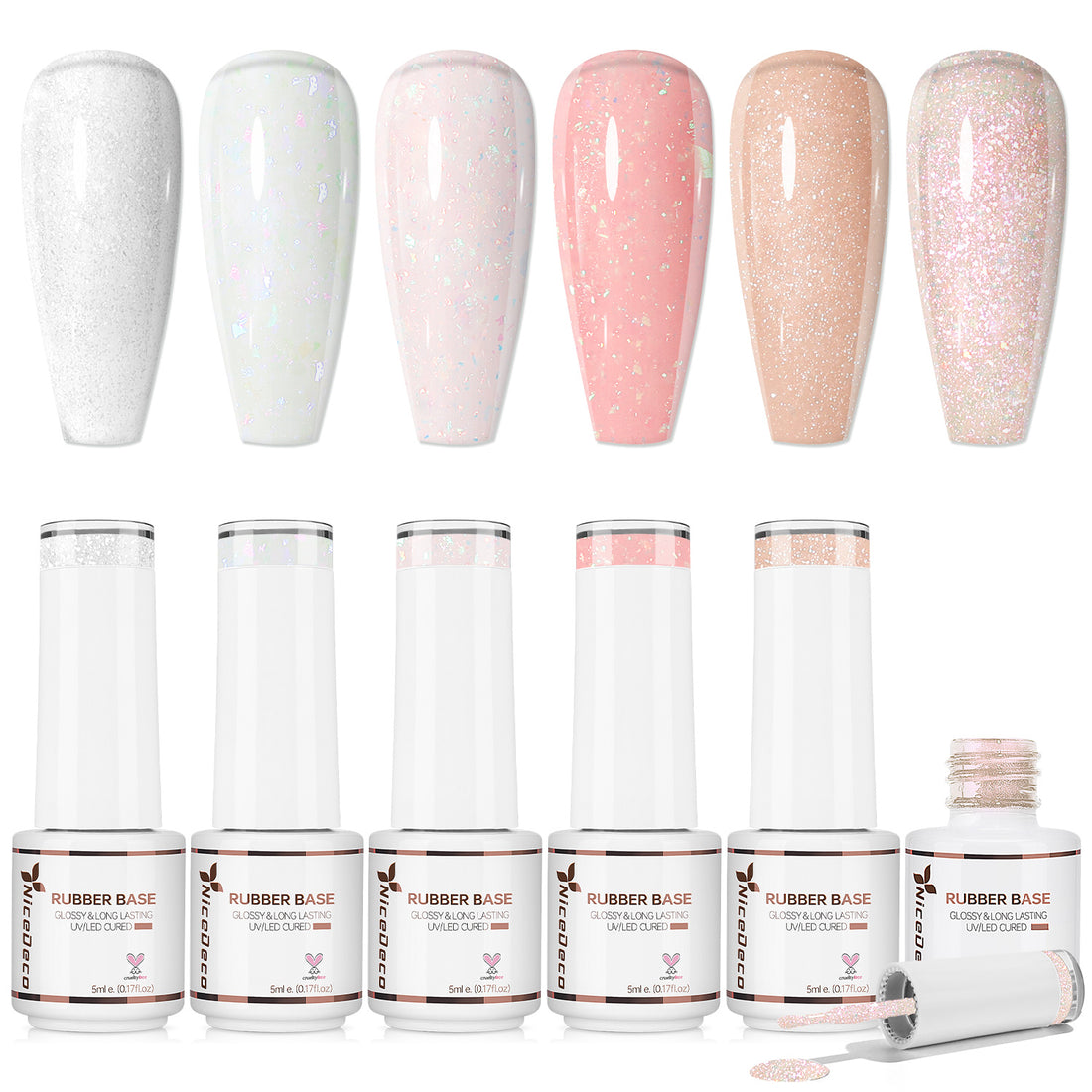 Nicedeco 6x5ml Hema-Free Glitter Rubber Base Gel Set, Nude Sheer White Pink690