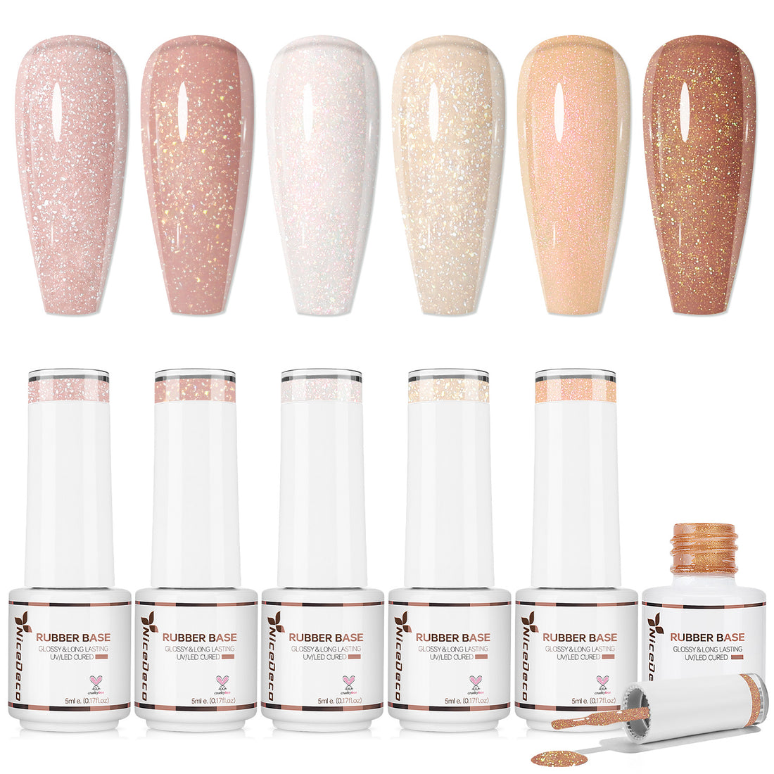 Nicedeco 6x5ml Hema-Free Glitter Rubber Base Gel Set, Nude Sheer White Pink691